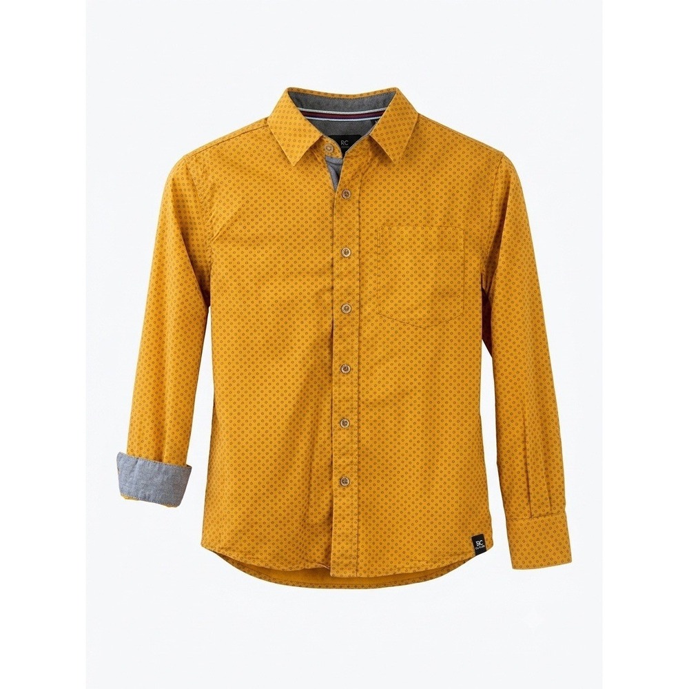 Kenneth Cole New York Boys Button Down Shirt 10/12 Mustard Gold Geometric Print